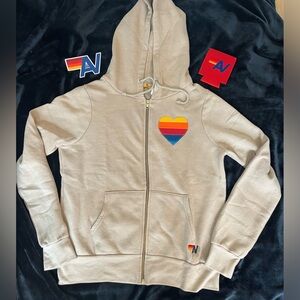 NWT AVIATOR NATION UNISEX Rainbow Heart StitchHOODIE Size Small  Sand